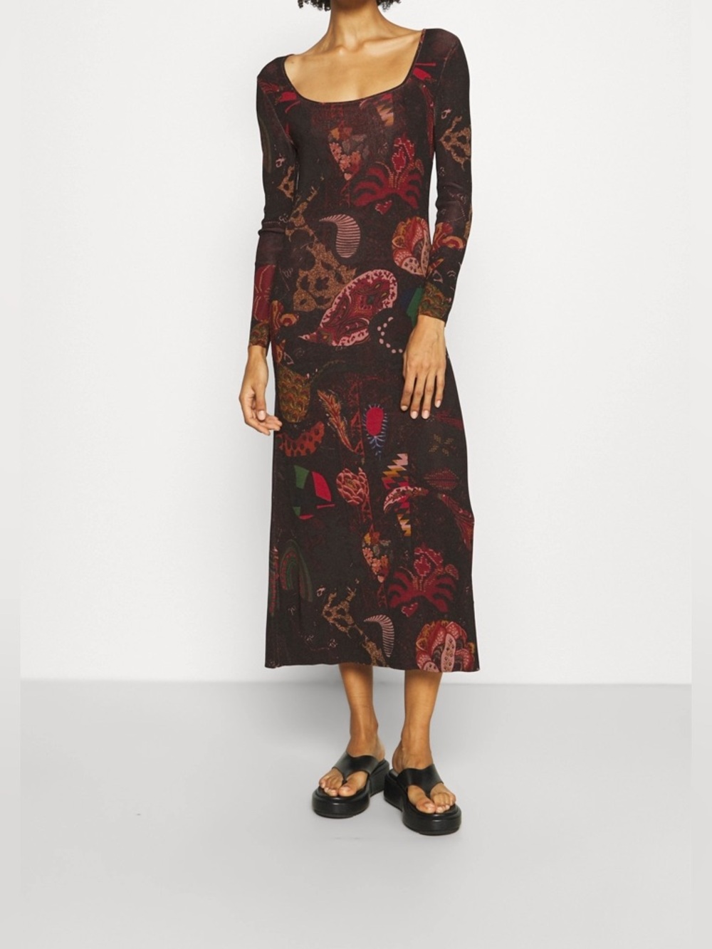 Desigual Womens Flat Knit Long Sleeve Square Neck Floral Print Dress